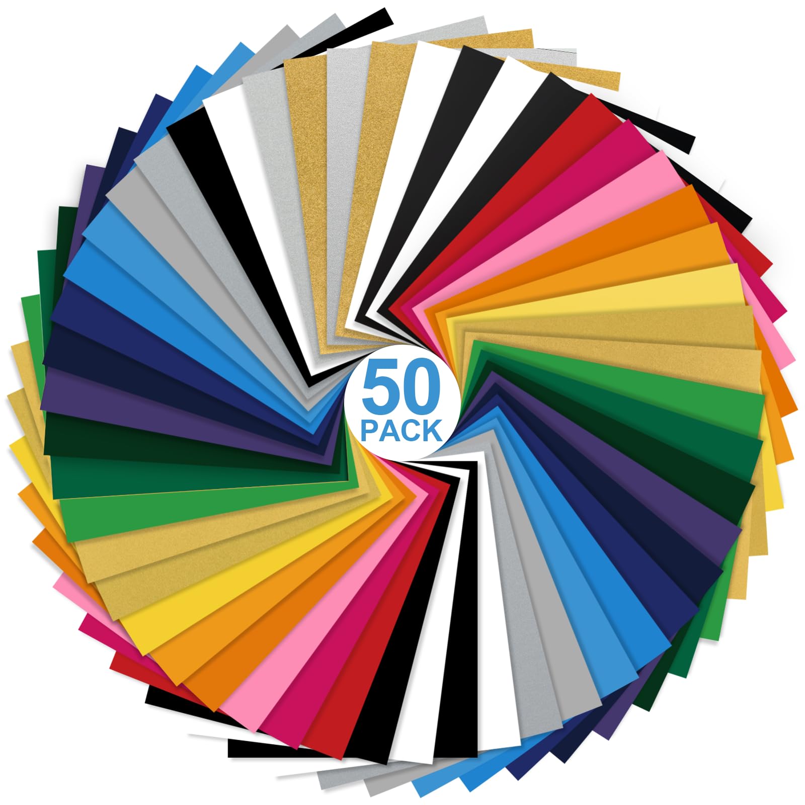 Heat Transfer Vinyl 50 Pack, 12" x 10" HTV Vinyl for Circut Easy to Cut & Weed for T-Shirts Hats Leathers DIY, 22 Glossy Colours Iron on Vinyl via Heat Press Machine & Craft Cutter Machine
