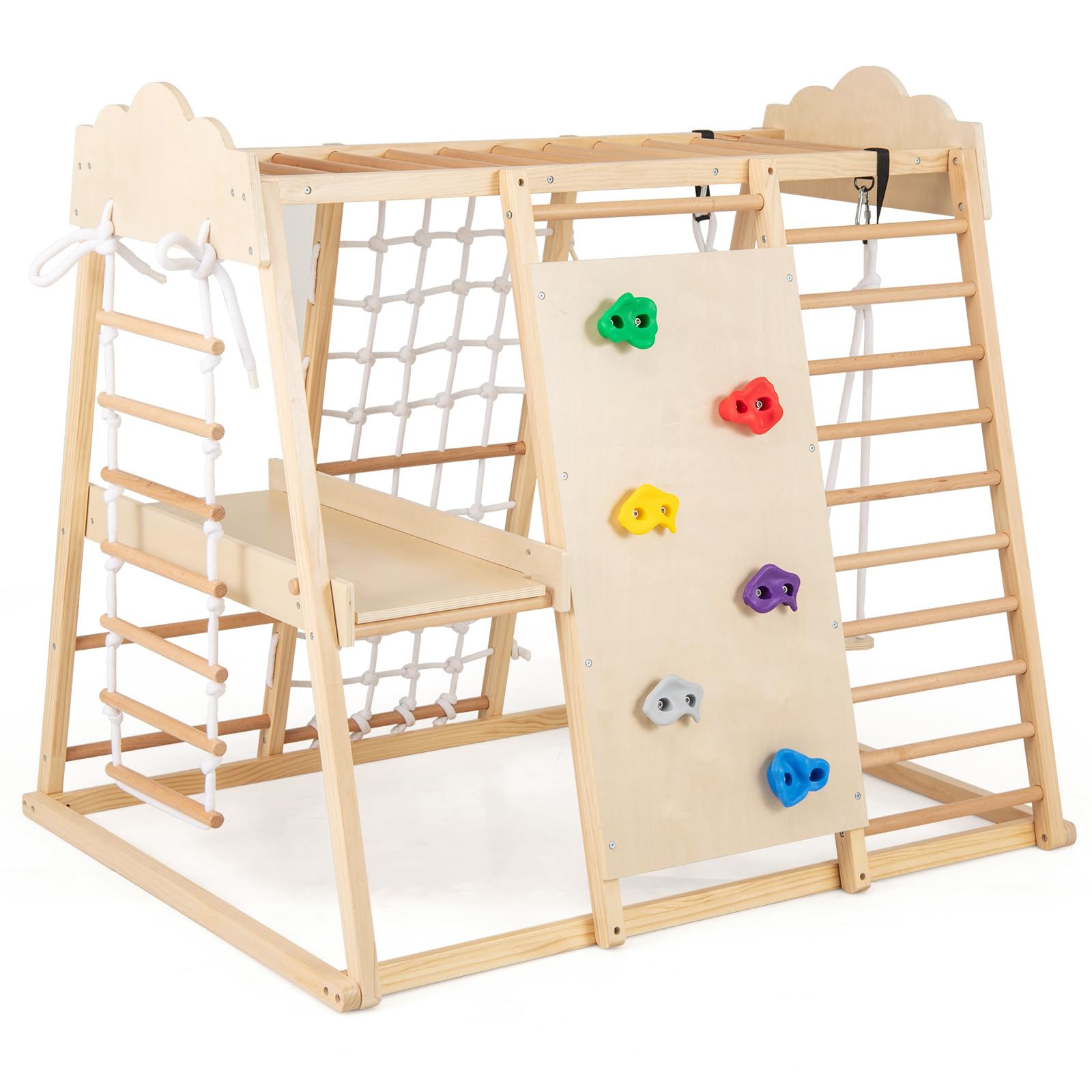 GOPLUS Estructura de Escalada Infantil de Madera 8 en 1, Triángulo para Niños con Tobogán, Escalera, Columpio y Barra, Centro de Actividades Montessori para Interiores, para Niños 3+ (Natural)
