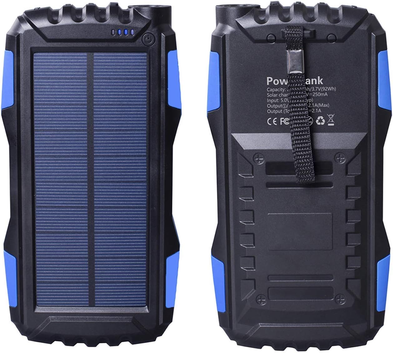 Friengood Solar Charger, Portable 25000mAh Solar Power Bank, Waterproof Solar External Battery Pack with Dual USB Ports and Flashlight for iPhone, iPad, Samsung, Android Phones and More (Blue)