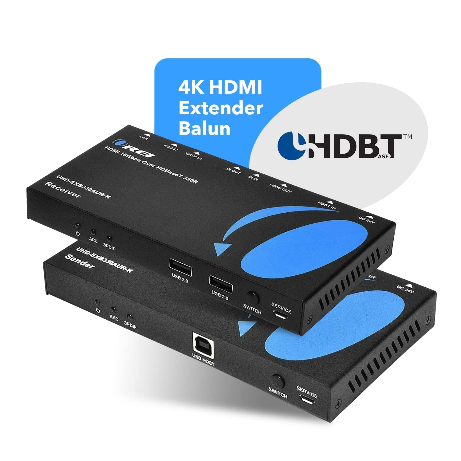 Orei Extensor HDMI 4K ARC Balun - HDBaseT UltraHD 4K @ 60Hz 4:4:4 a través de un Solo Cable CAT5e/6/7 con HDR, LAN, CEC, ARC e IR, RS-232 - hasta 330 pies - Salida de Audio - Cable de alimentación -