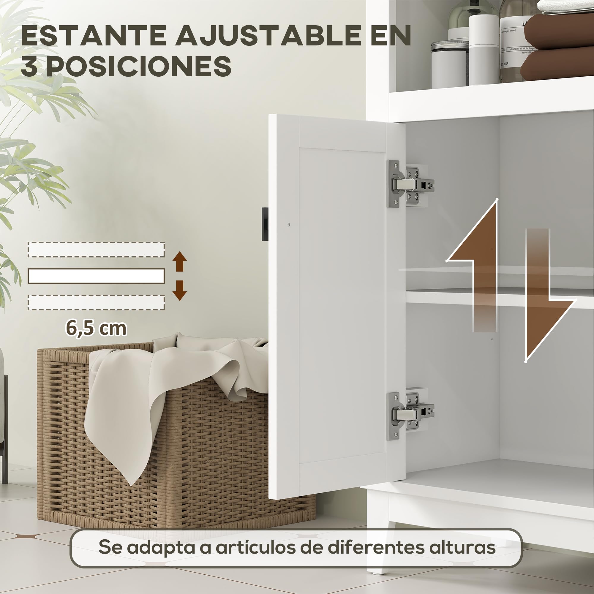 HOMCOM Mueble Auxiliar de Baño con Frontal de Ratán Armario de Baño con 2 Puertas Compartimento Abierto Estante Ajustable 60x30x90 cm Blanco
