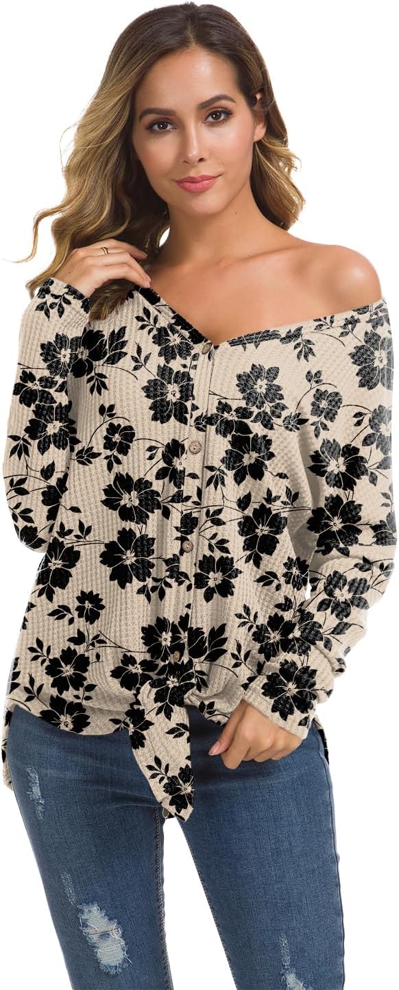 IWOLLENCE Women's Waffle Knit Tunic Blouse Tie Knot Henley Tops Loose Fitting Bat Wing Plain Shirts - Image 4