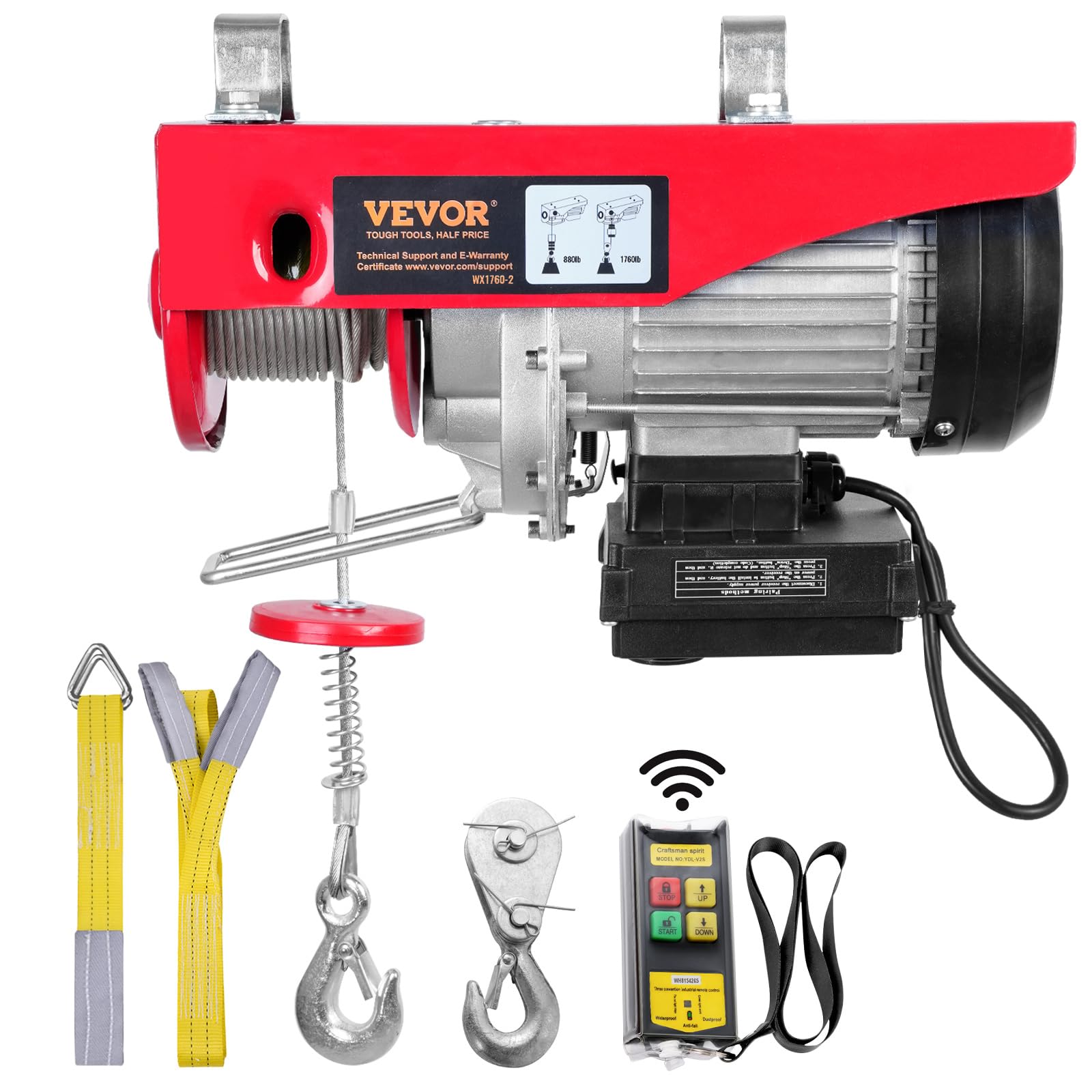 VEVOR Treuil à Câble Électrique 800 kg Palan Électrique avec Télécommande sans Fil 1450 W Treuil-​Palan 10 m/​min Hauteur de Levage Câble Simple 12 m Moteur pour Garages Entrepôts Usines