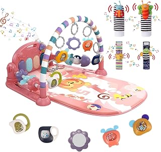 Baby Play Mat Gym,Funny Play Piano Interactive Baby Activity Mat& 4 Wrist Rattle Socks, Gifts for Newborn0-12 Months(Pink)