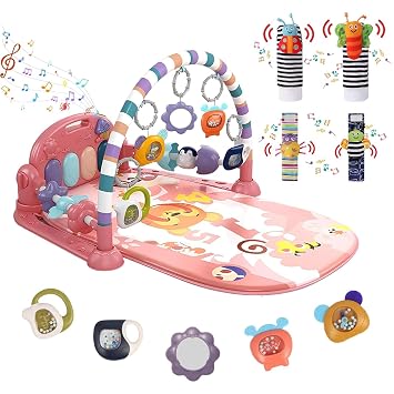 Baby Play Mat Gym,Funny Play Piano Interactive Baby Activity Mat& 4 Wrist Rattle Socks, Gifts for Newborn0-12 MonthsPink