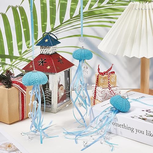 Miniatura 3 de GORGECRAFT 6 adornos de medusas de erizo de mar, diseño costero con cuentas, tema de playa, decoración de árbol de Navidad, decoración de medusas