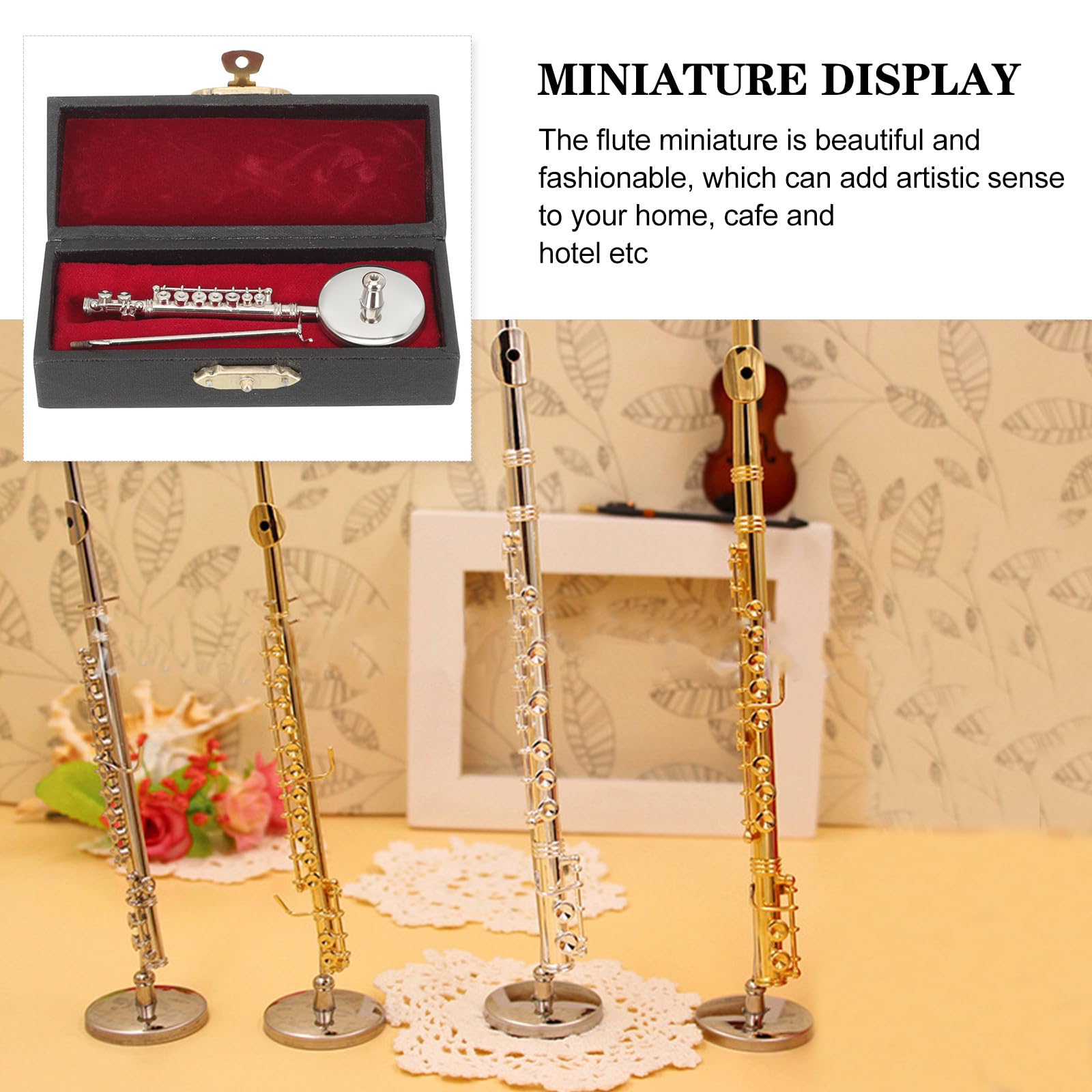 JECOMPRIS Miniature Flute Model with Stand and Storage Box Realistic Mini Musical Instrument for Dollhouse Decor Kids Instruments and Home Display - Image 4