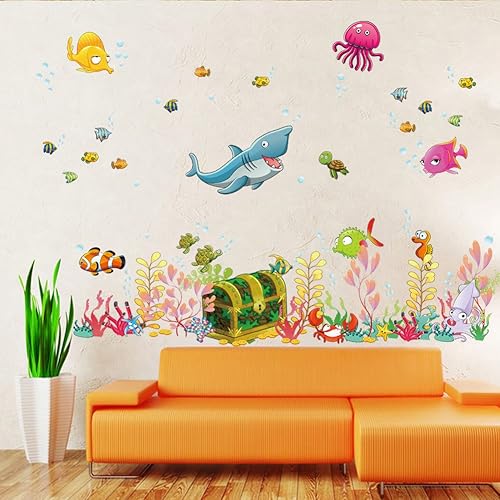 Miniatura 5 de Calcomanías de pared de fondos marinos, tiburones, peces, medusas, algas, despegar y pegar bajo el mar, animales salvajes, decoración de pared para