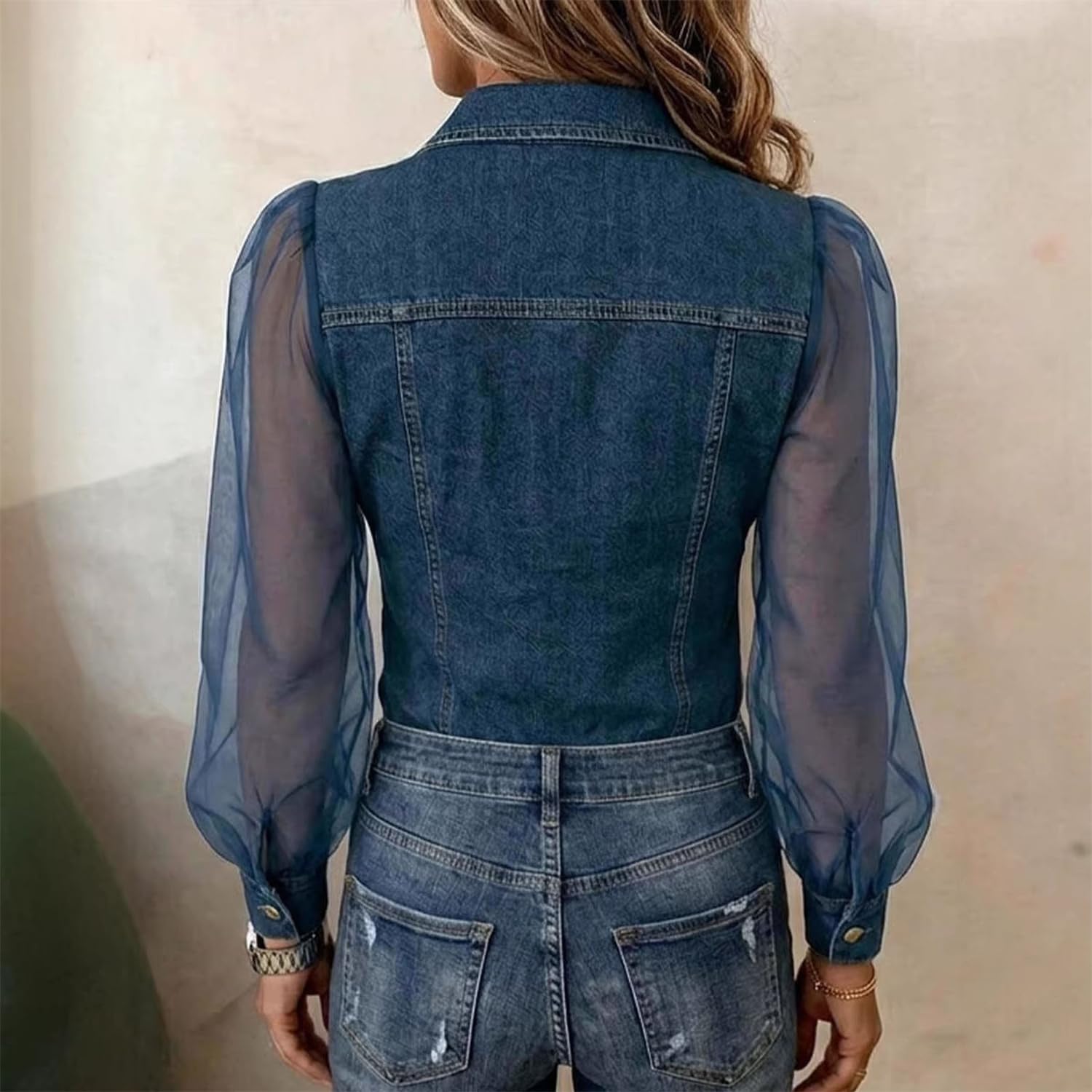 Camicia da Donna a Maniche Lunghe in Denim e Rete Trasparente, Blusa Button-Down con Tasche, vestibilità Slim e Sexy per Feste e Ufficio