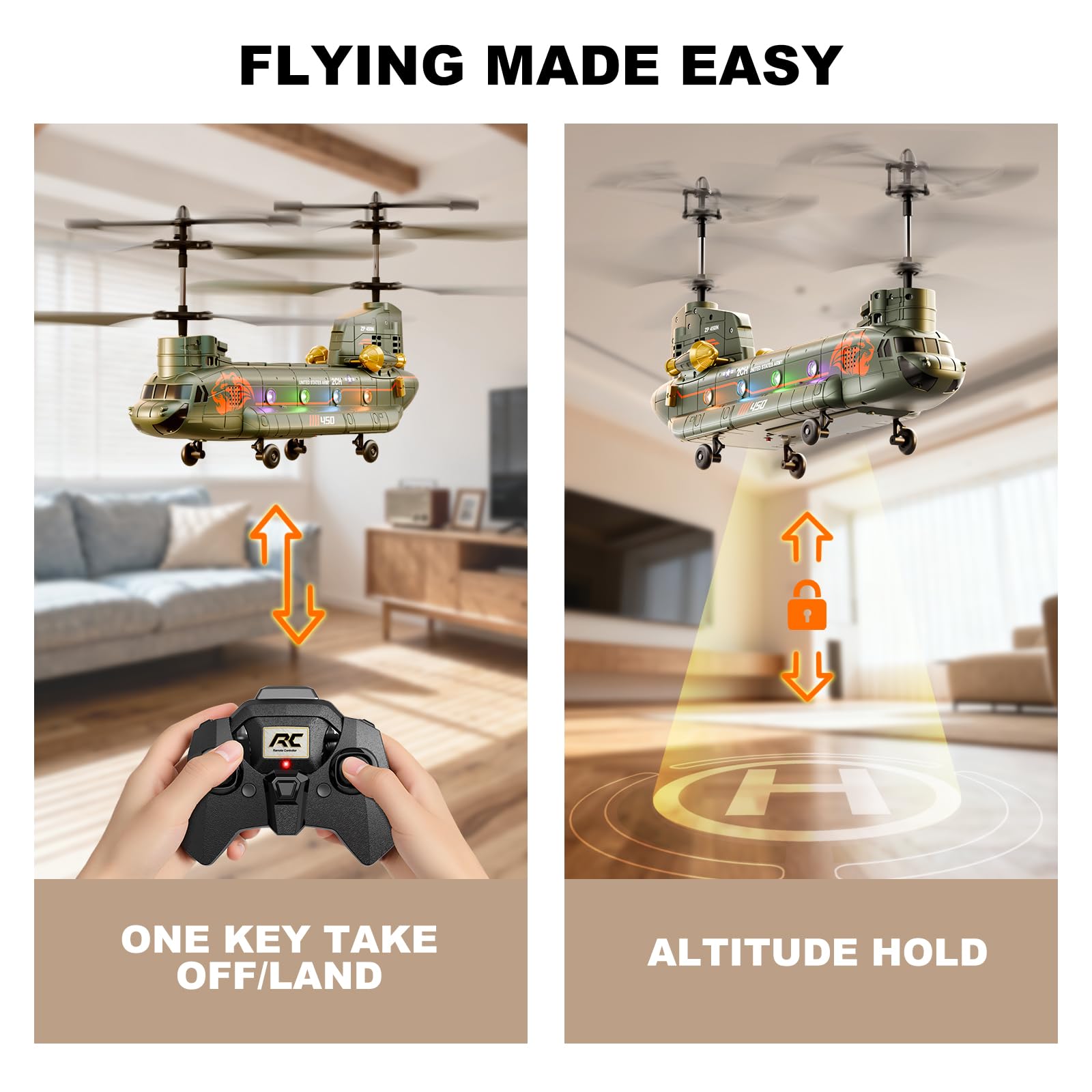 XIKOTEC Helicóptero Teledirigidos, Helicoptero RC con Luz y 2 Baterías, Helicóptero de Control Remoto con Mantenimiento de Altitud y Luz LED, Transporte Militar para Fanáticos del ejército