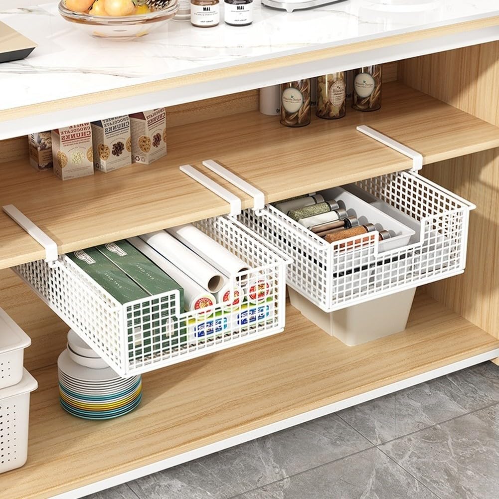 RichVibe - Organizzatore da appendere sotto il mobile con cassetto portaoggetti per utensili da cucina, 37x22x9 cm, in materiale ferro con alte guide laterali, design estraibile, bianco/nero