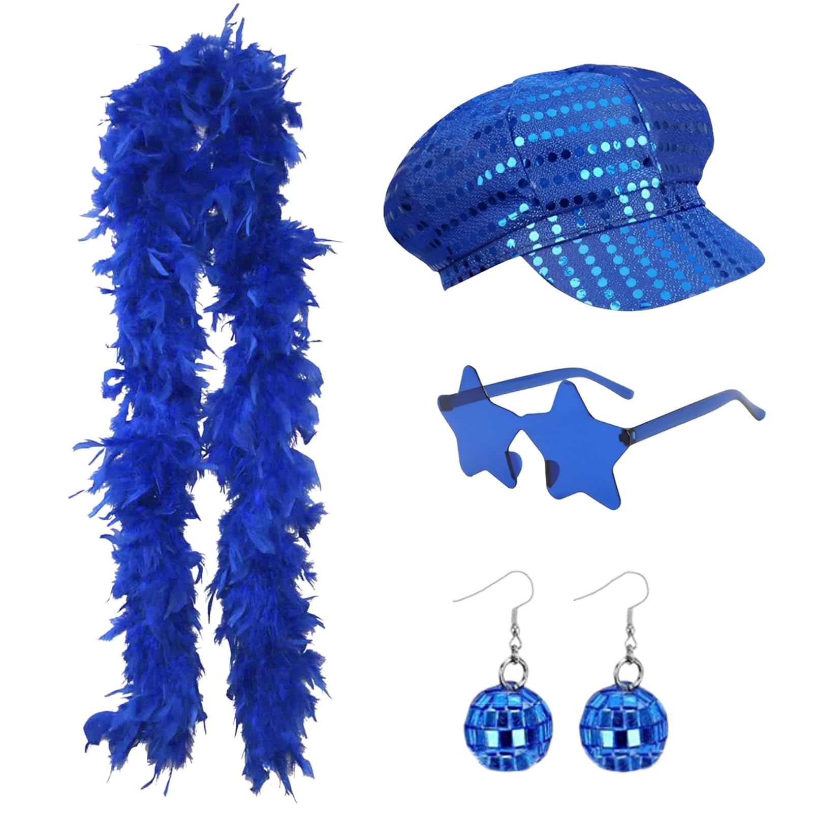 4 PCS Abba Accessories, Blue Feather Boa Disco Set, Sequin Hat Blue Feather Scarf Star Shaped Glasses Funky Earrings for Disco Parties Retro Events Dance Performances Halloween Music Festivals