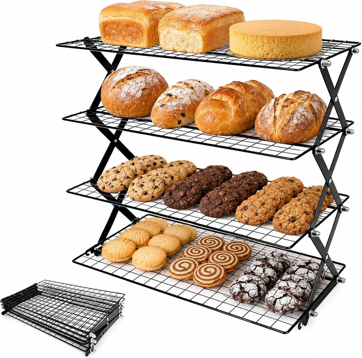 4-Tier Cooling Rack, Foldable Stackable Baking Rack | Collapsible wire rack with 4 tiers for cooling cookies, cakes, bread and pastries. Folds flat for easy storage