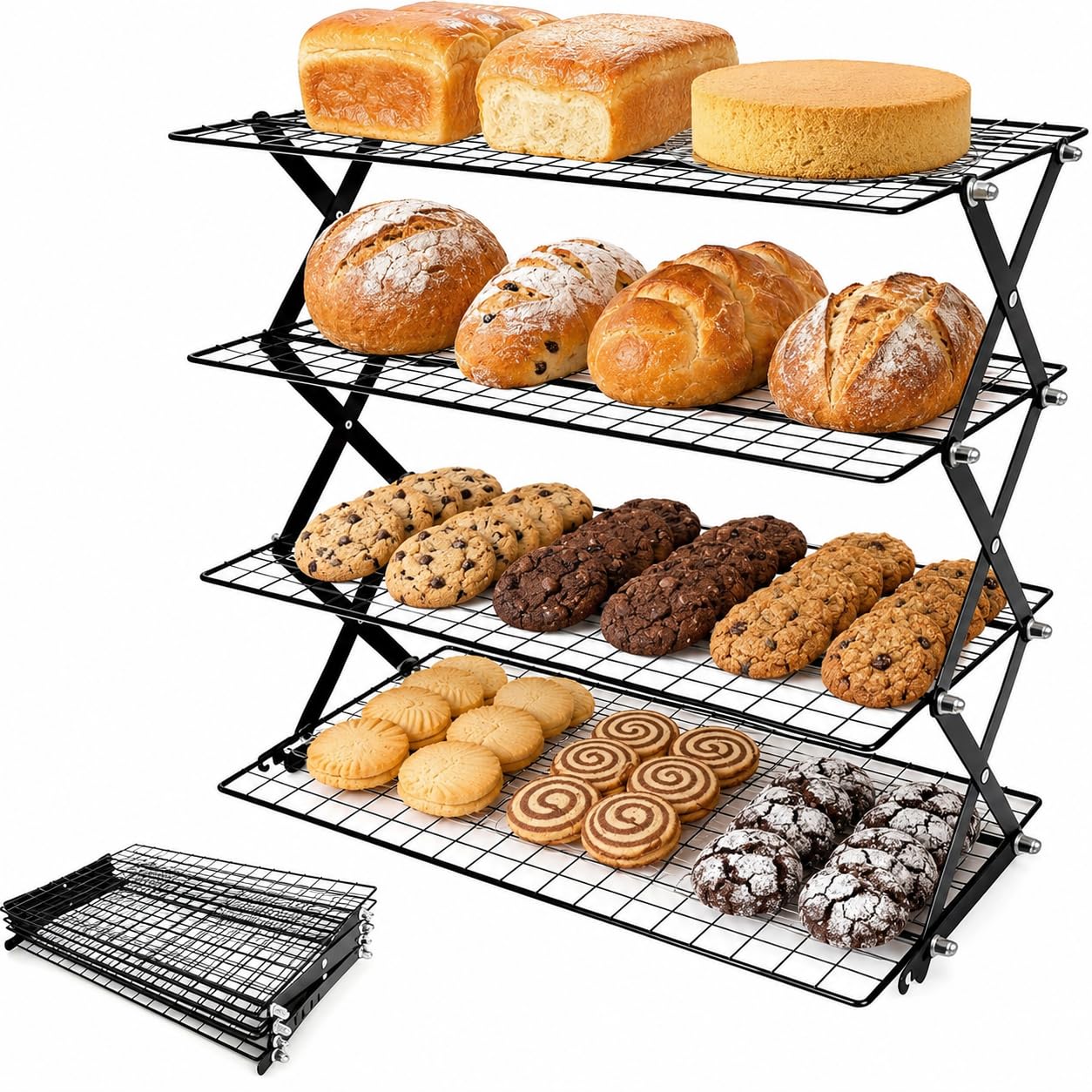 4-Tier Cooling Rack, Foldable Stackable Baking Rack | Collapsible wire rack with 4 tiers for cooling cookies, cakes, bread and pastries. Folds flat for easy storage