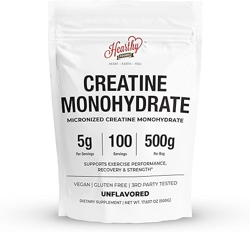 HEARTHY FOODS Monohidrato de creatina en polvo micronizado 500G  100 porciones, 5000 mg por porción (0.18 oz)  17.64 oz para hombres y mujeres
