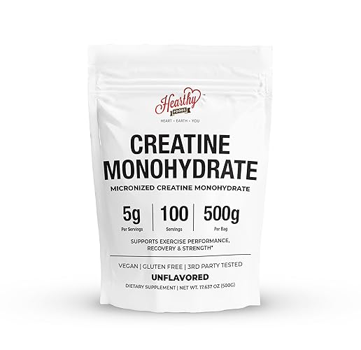 HEARTHY FOODS Creatine Monohydrate Micronized Powder 500G - 100 Servings, 5000mg Per Serving (5g) - 17.64 Oz for Men & Women Muscle Growth & Recovery - UNFLAVORED