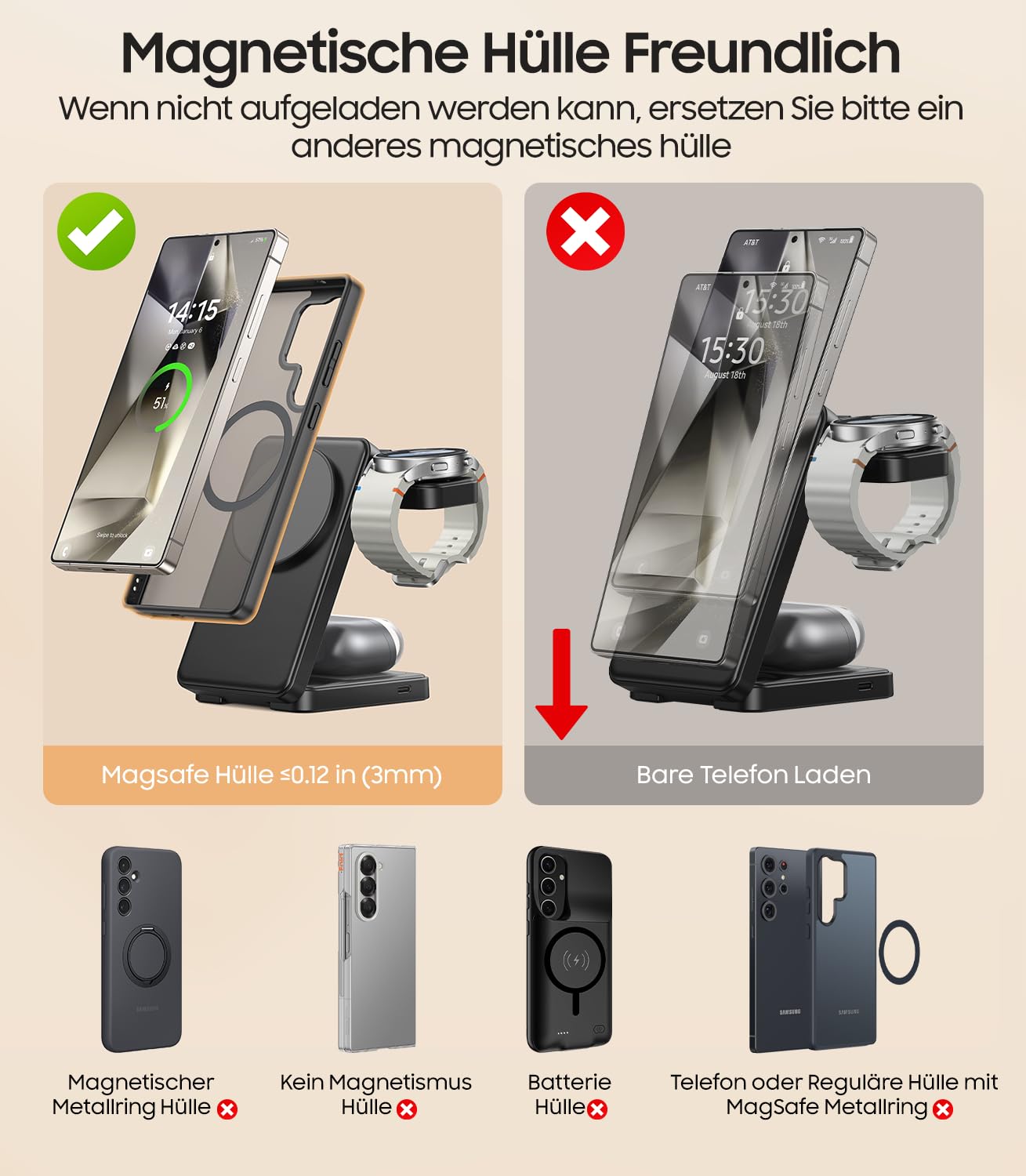 Station de charge inductive magnétique pliable 3 en 1 pour Samsung Galaxy S26 S25 S24 S23 Ultra/Z Fold/Flip 7/6/5, Galaxy Watch Ultra 8/7/6/5/Pro, Galaxy Buds/Pro