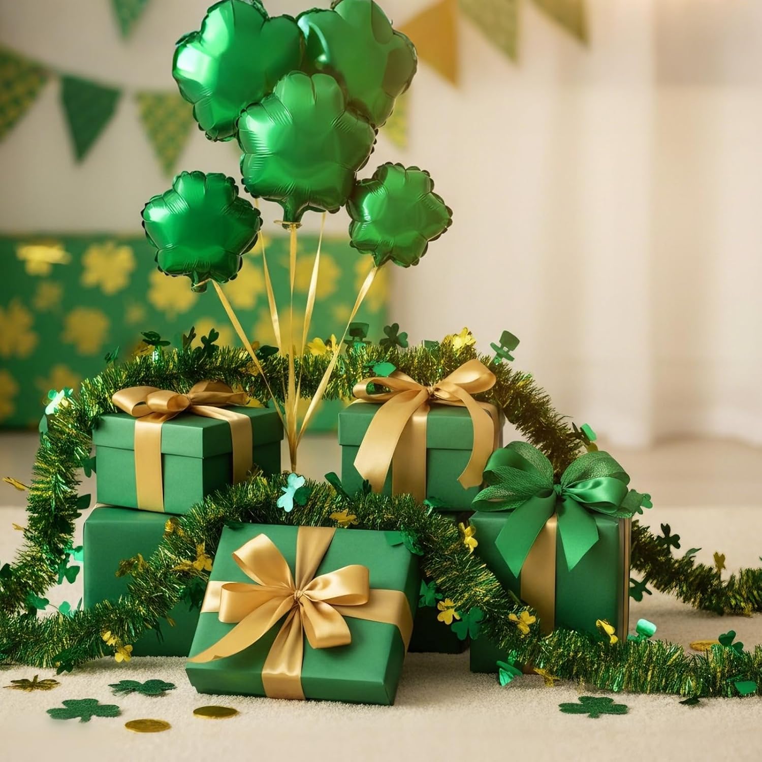 33 FT St Patricks Day Tinsel Garland, Green Shamrock Hat Decorations, Hanging Shiny Metallic Streamer Irish Decor for Home Party Indoor Outdoor Office