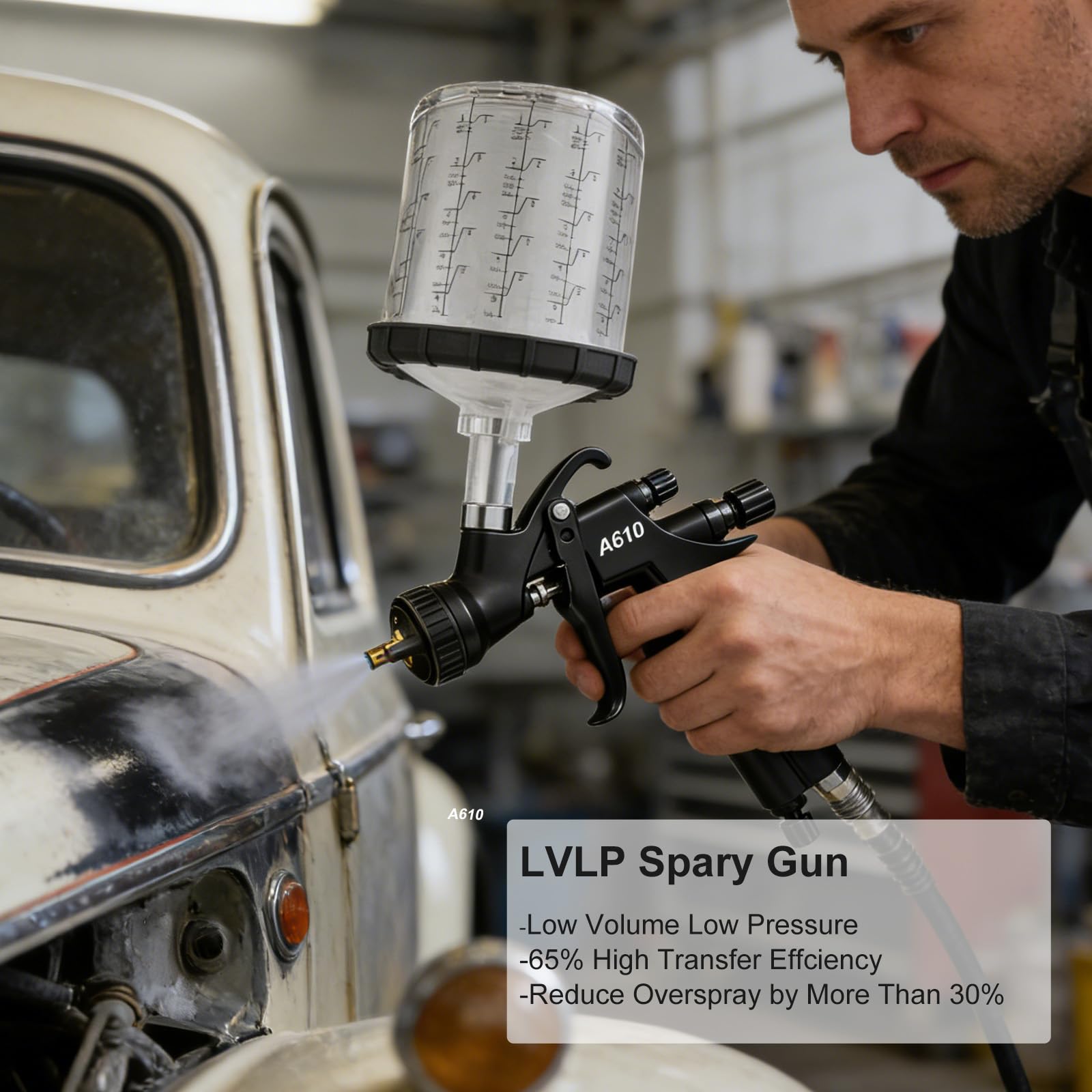 BENTOHKLE A610 LVLP Air Spray Gun with 10PCS 650ML Disposable Paint Cups, 1.3/1.5/1.7mm Nozzles& Air Gauge, R500 Automotive Paint Gun for Car Painting (LVLP Spray Gun with Disposable Paint Cups) - 3