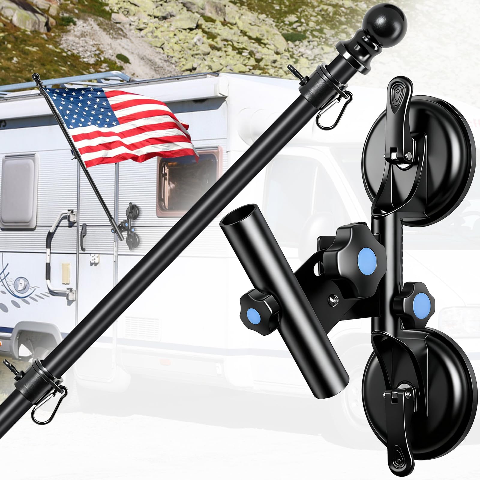 Suction Cup Flag Holder with Flag Pole for RV, RV Flagpole Mount Kit with Angle Adjustable, Quick Flag Pole Mount for Holds Flags,Heavy Duty Flagpole Holder for Camper, Truck, Trailer, Yacht, Boat-image-30