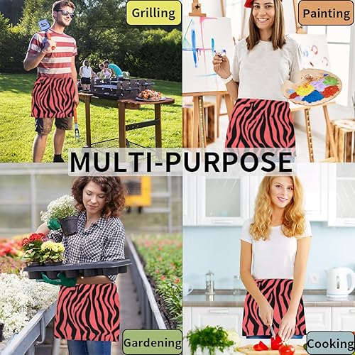 Miniatura 5 de Paquete de 3 delantales de servidor con estampado de tigre de la selva con 3 bolsillos, impermeables, delantales de media cintura para mujer, para