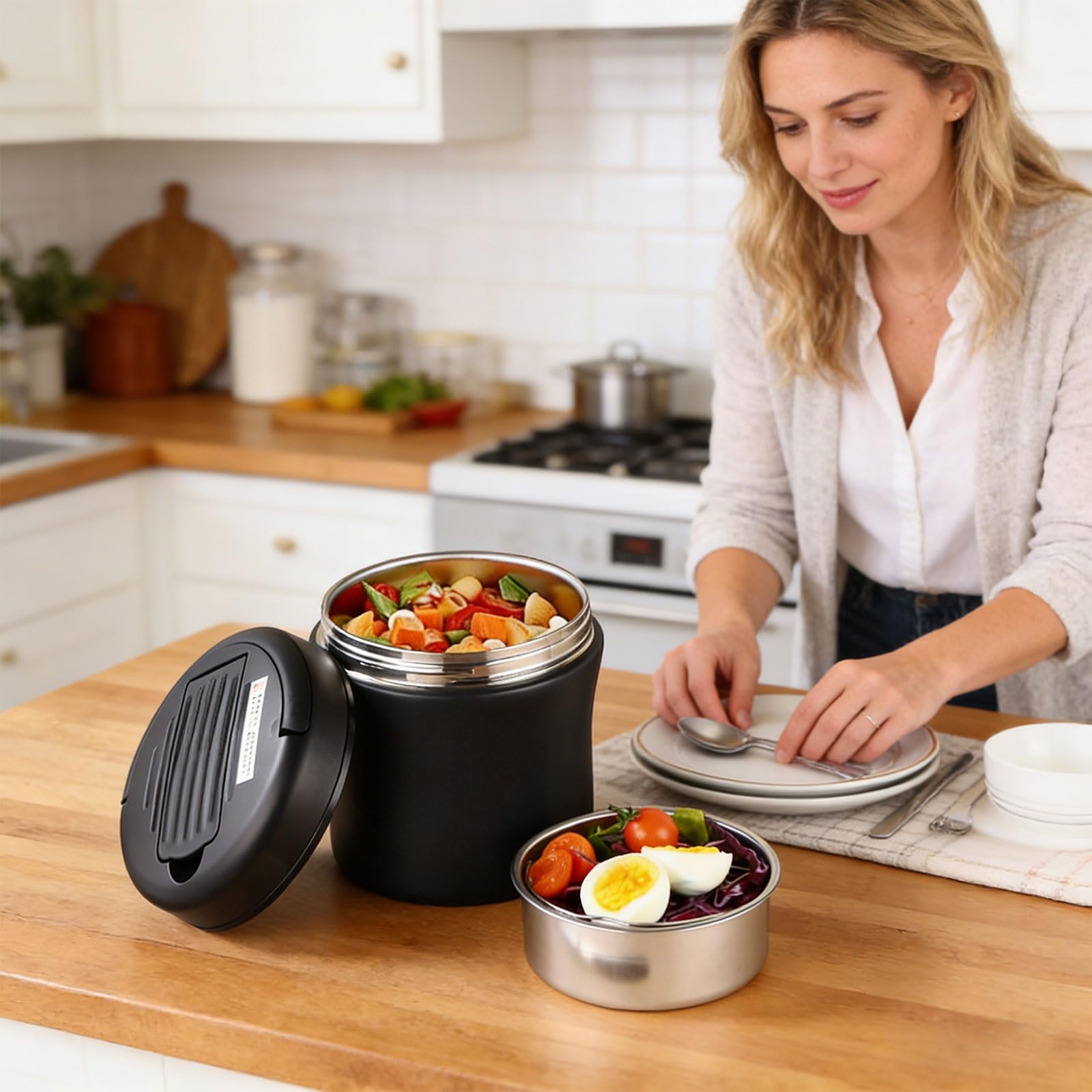 PANGBOER Barattolo per alimenti isolato di grande capacità da 1,5 l, con coperchio sicuro, rimane caldo o freddo per ore, ideale per viaggi, contenitore per il pranzo di grande capacità