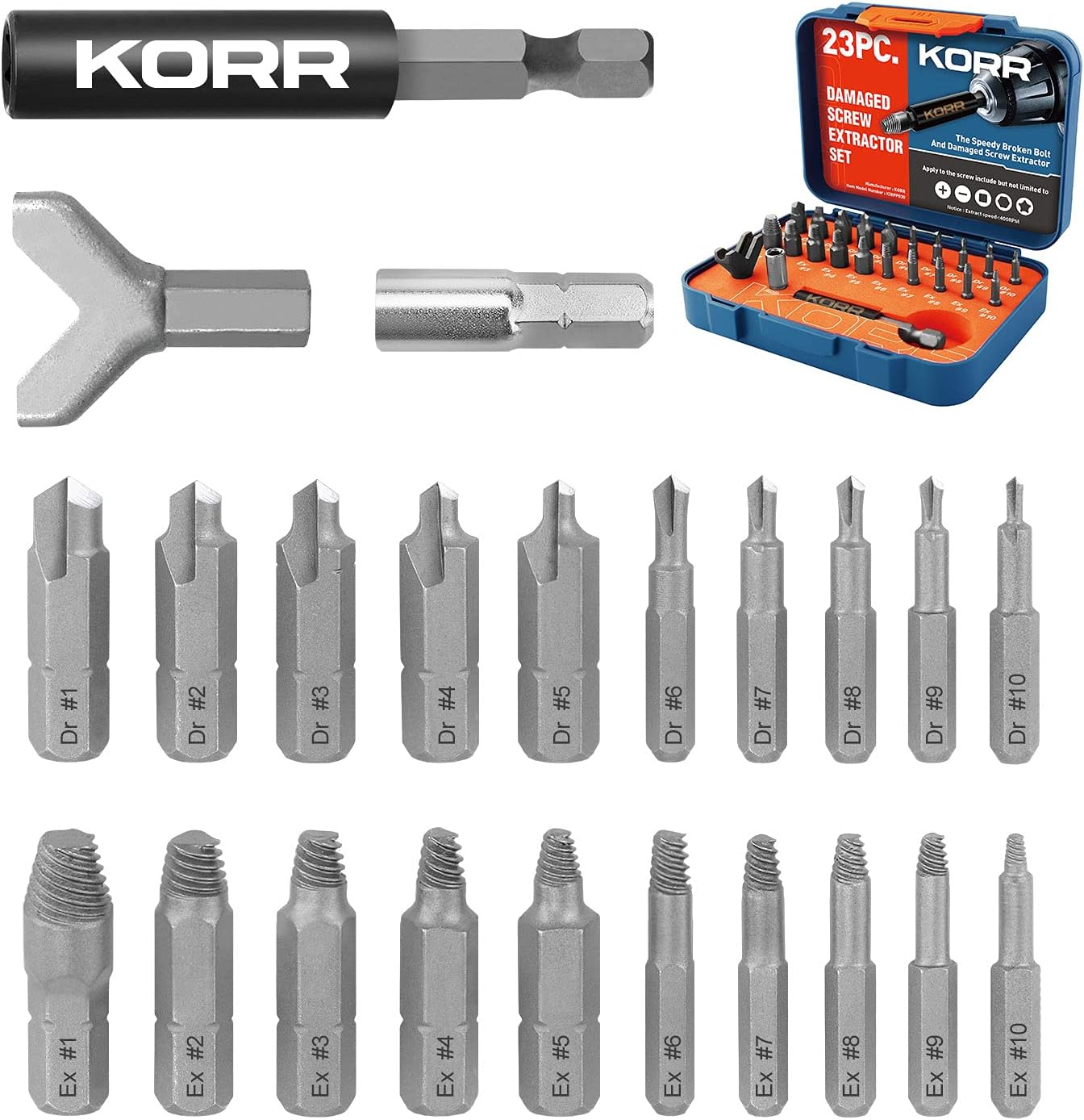 KORR Tools KIBPP030 23pc Screw Extractor Set Quickly Removing Stripped, Broken, Stuck or Damaged Bolts & Screws