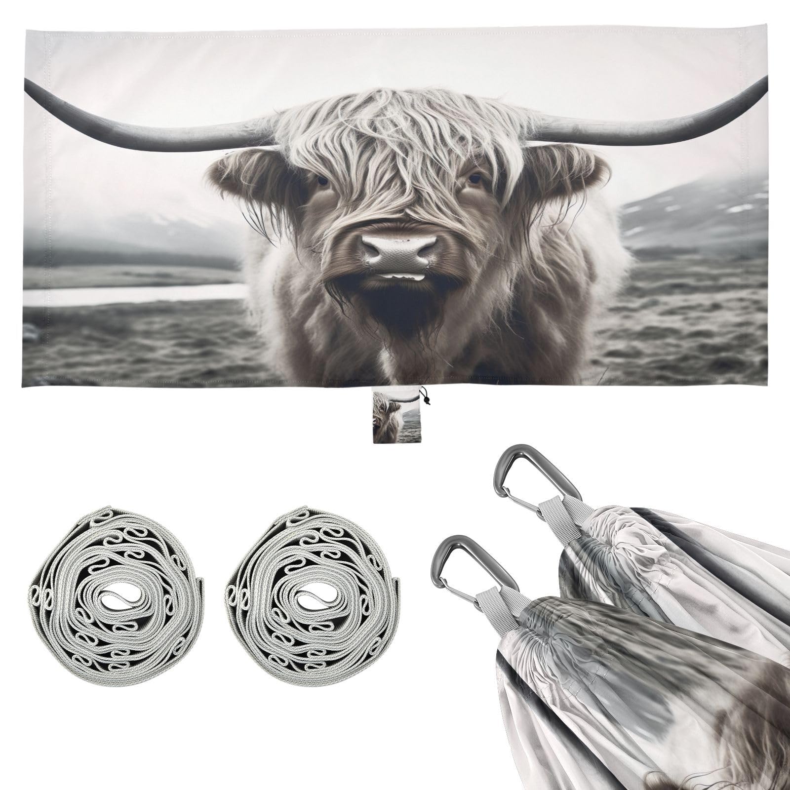 Haskirky Highland Cow Camping Hammock, Single Portable Hammocks with Tree Straps & Attached Carry Bag, 330Lbs Capacity Perfect for Outside Indoor Hiking Beach Backpack Travel