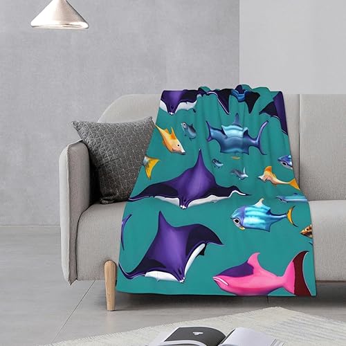 Miniatura 8 de Manta polar de franela suave, acogedora y ligera para el hogar, campamento y viajes, manta de rayas y peces