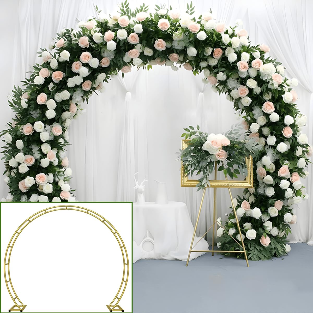Queension Metal Wedding Arch for Ceremony Party Decoration 8Ft Wide 7Ft High,Garden Arch Trellis with Ground Bases for Climbing Plants,Outdoor Garden Arbor for Roses Vines, Round Frame, Gold 8FT Gold
