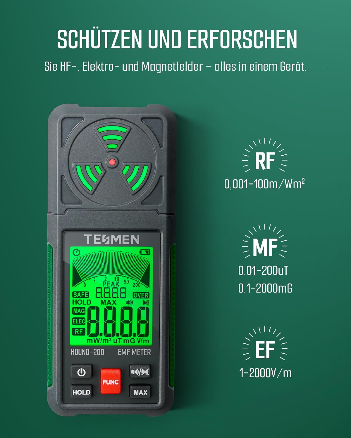 TESMEN HOUND-200 EMF-Messgerät, 3-in-1 tragbarer Elektromagnetfeldstrahlungsdetektor für EF RF MF, WiFi-Signal, zur Verwendung bei EMF-Inspektionen zu Hause und im Freien sowie Geisterjagd - Grün