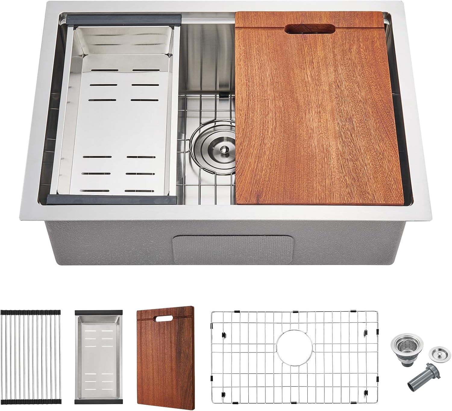 MENATT 25 Inch Undermount Workstation Kitchen Sink, 25"×18" Stainless Steel Single Bowl Undermount Handmade Kitchen Sink with Cutting Board, Colander and Dish-drying Roll D25"xW18"xH9" Brushed-Undermount