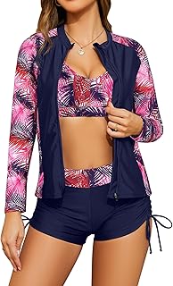 Mujeres 3 piezas Rash Guard manga larga trajes de baño con cordón corto