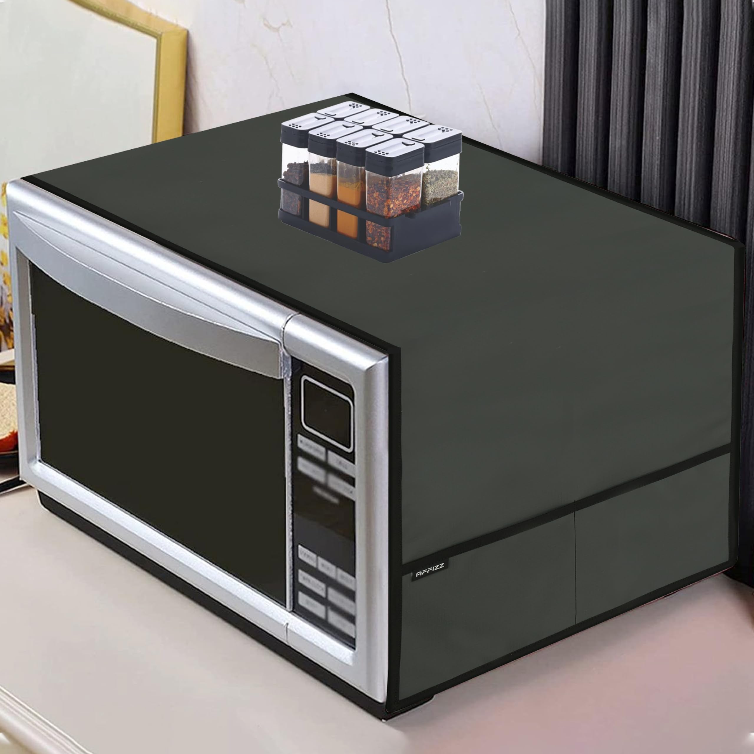 Premium Microwave Oven Cover for Kitchen with 4 Side Pockets - Durable Waterproof Dustproof Polyester - Washable Accessories Organizer for Modern Kitchen Decor (Dark_Grey, 100 x 35 cm)