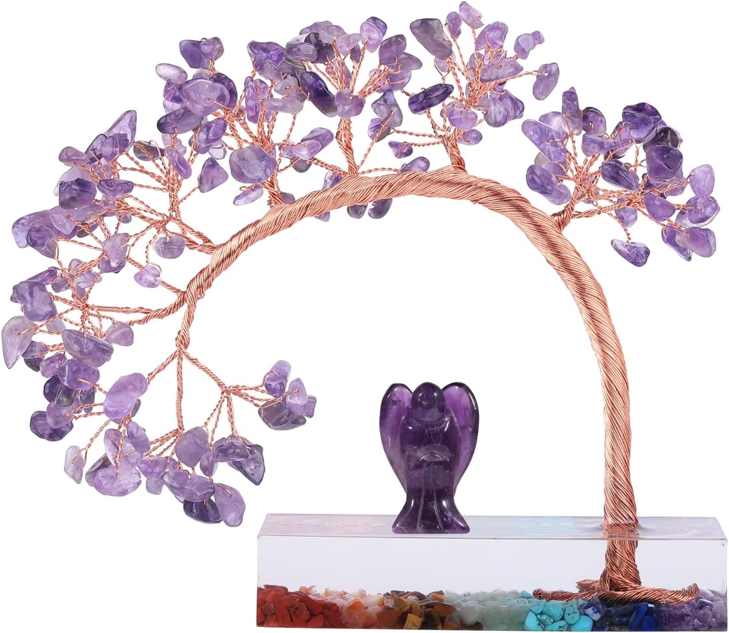 mookaitedecor Bundle - 2 Items: Amethyst Guardian Angel Figurines & Natural Amethyst Crystal Money Tree with 7 Chakra Stones Resin Base for Altar Home Decor