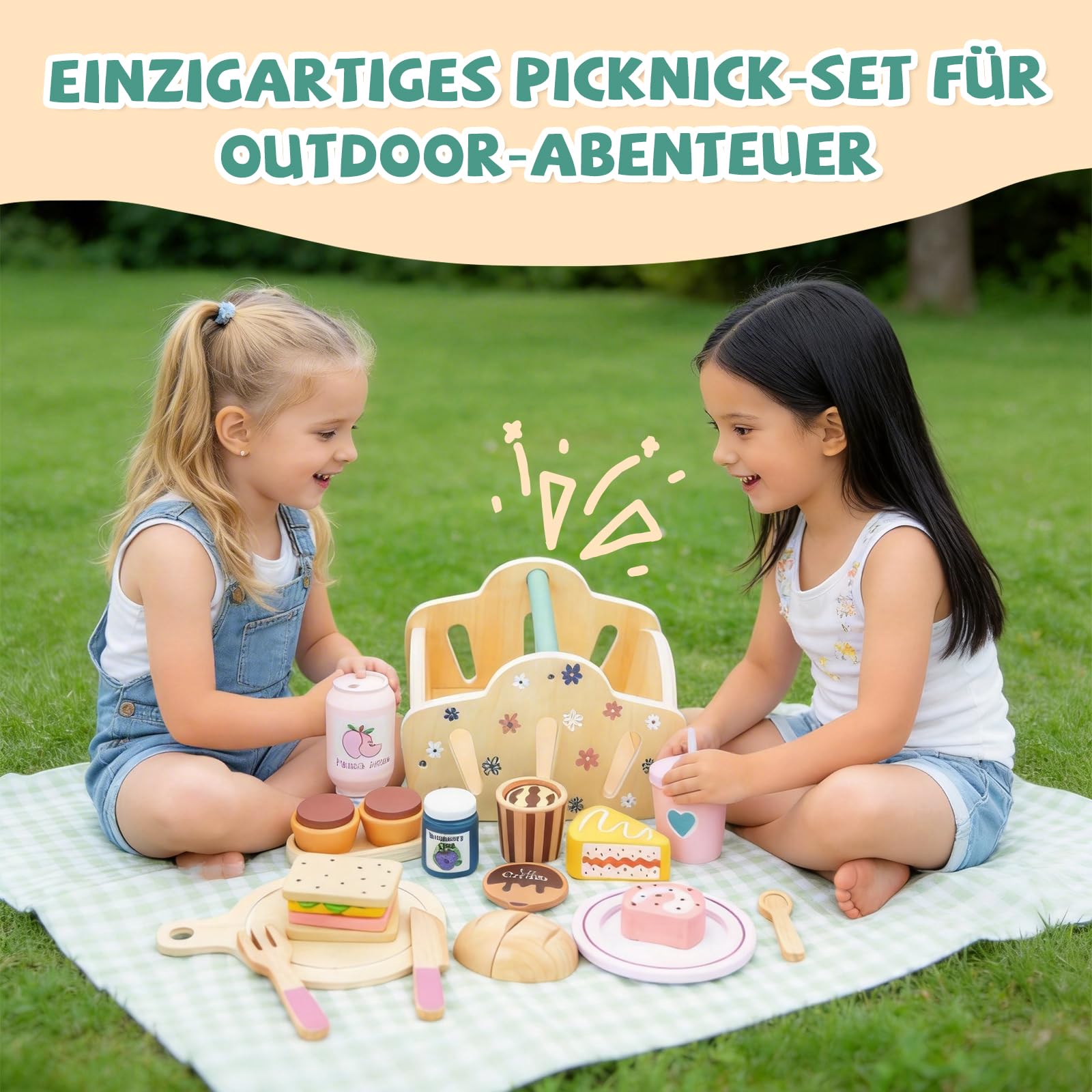 Potatomato Kinder Picknick-Set mit Teeservice Kinder inkl Dessertspielzeug - Holzspielzeug und Outdoor-Gartenspielzeug Jungen und Mädchen