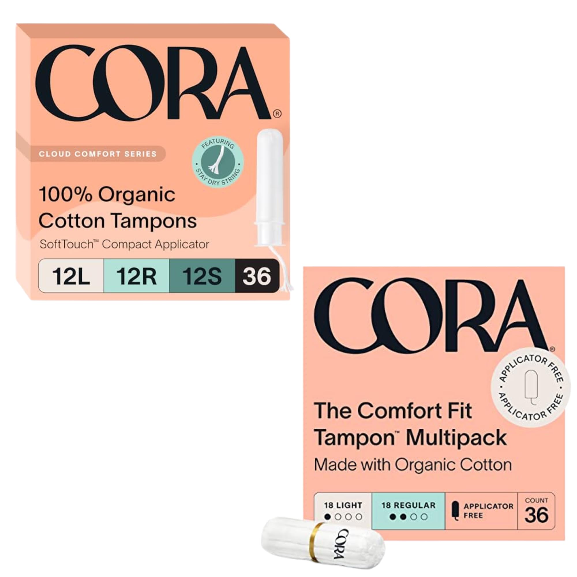 Cora Organic Feminine Care | Applicator and Non-Applicator Tampon Multipack | Eco-Conscious | 72 Total | Bundle Pack