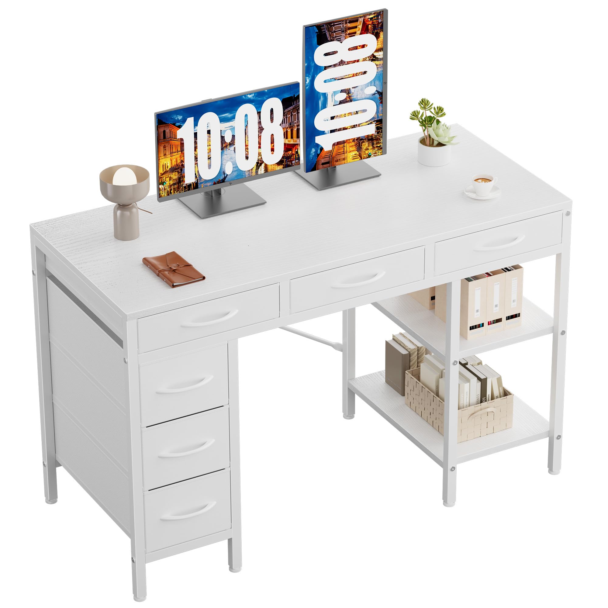 Sweetcrispy 47" Computer Desk with 6 Drawers, Home Office Gaming Desks with Storage Shelves for Bedroom, Writing Study Corner Living Room Work Table White