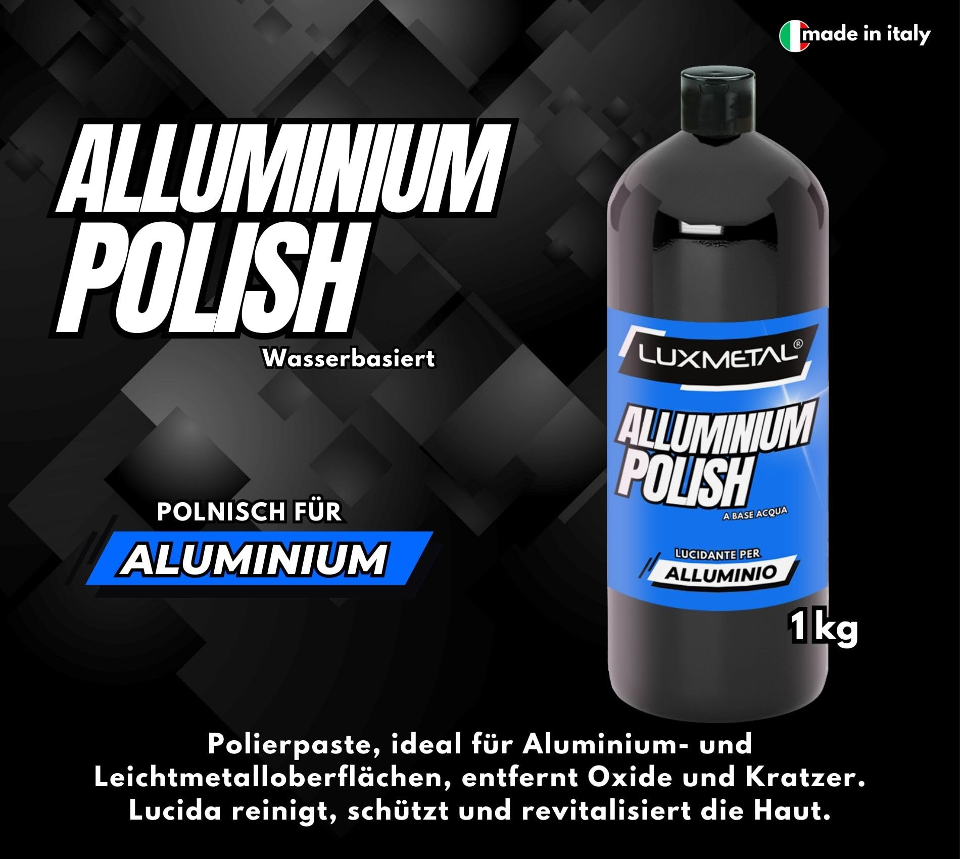 Lux Metal – Aluminium-Poliermittel für Aluminiun 1KG Schleifpaste Polieren Aluminiumoberflächen Leichtmetalllegierungen beseitigt Oxidkratzer Poliert reinigt karosserien Motorrad Boot Fahrradfelgen
