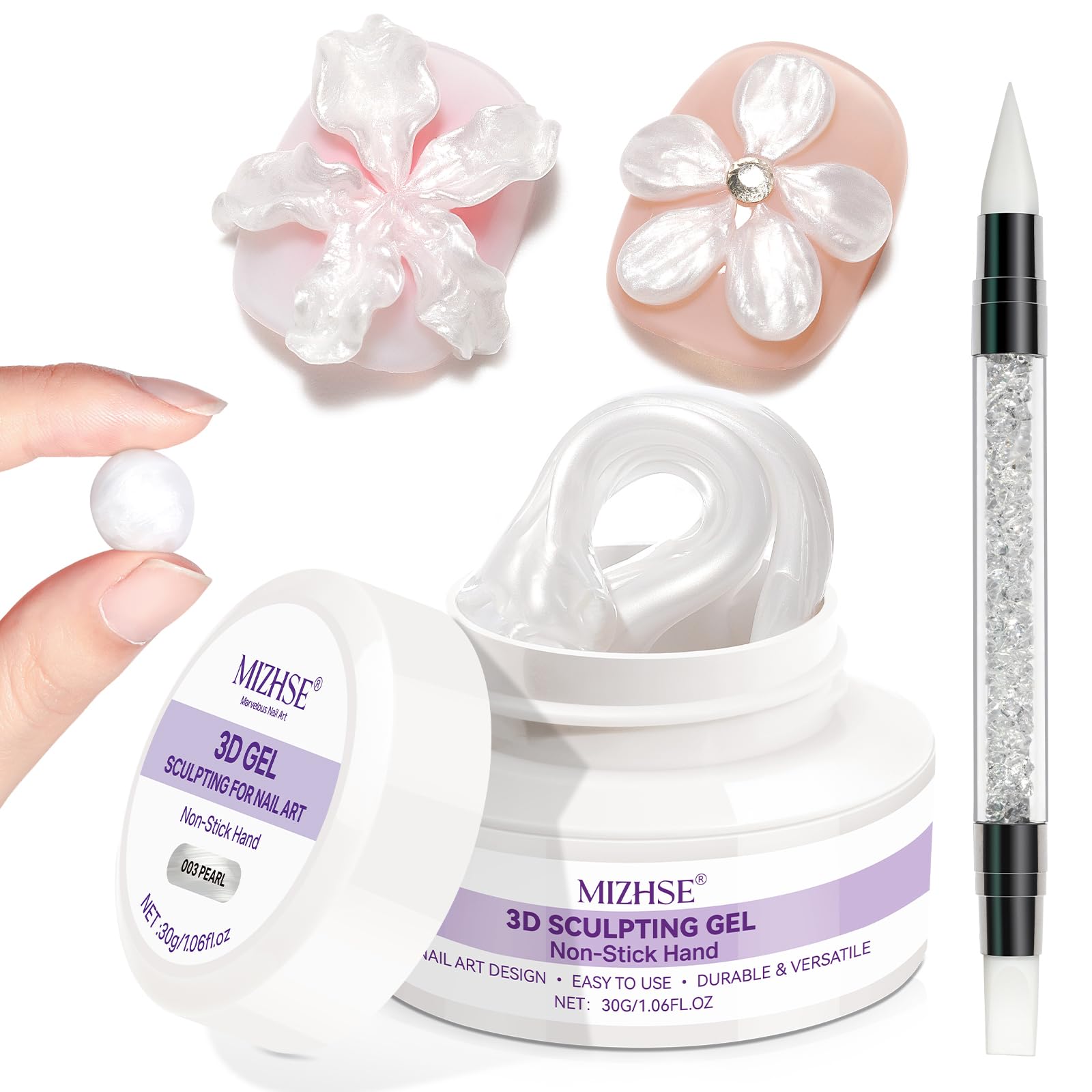 MIZHSE Pearl Weiß 3D Skulptur Nail Gel, 3D Gel Nail Art für Modellierung, Pearl Weiß Skulptur Nagel Glue Non Stick Hand, Rhinestone Glue für Nails Art mit Silikon Nagel Pinsel, 30g 1PC
