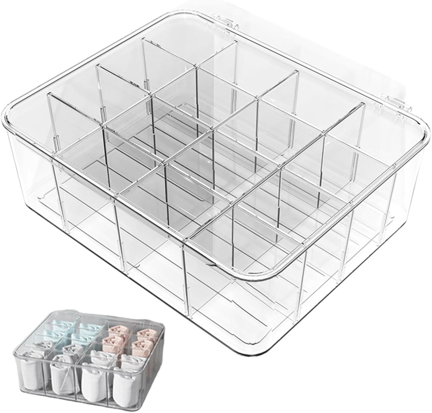 Underwear Organizer, 16 Compartments Clear Plastic Underwear Organizer 12x10x4 Stackable Storage Bins for Bras, Socks, Scarves, Ties and Belts