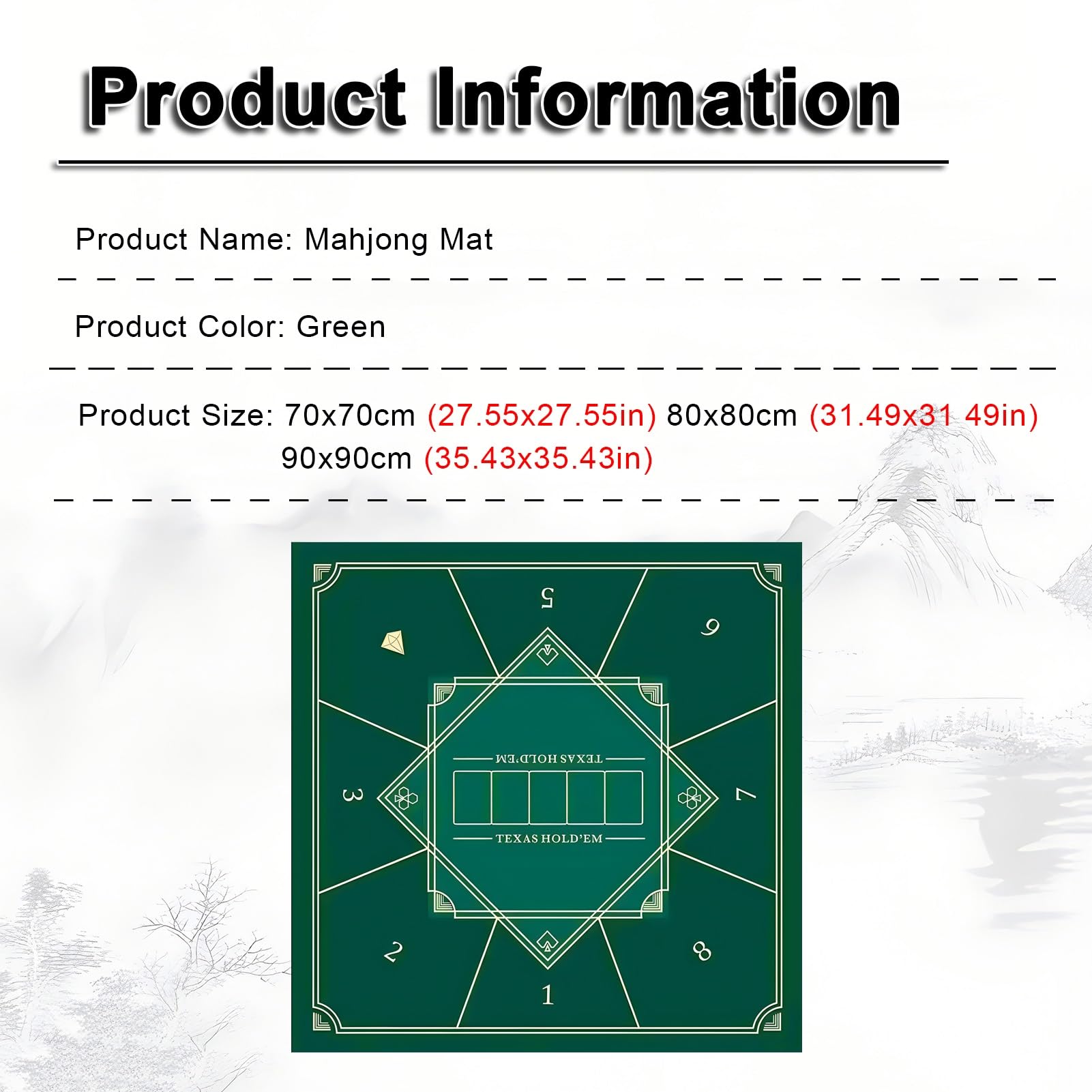 Poker-Matte, Tischmatte for Mahjong, quadratische Mahjong-Tischmatte, Spieltischmatte mit Regeln(Grün,80x80cm(31.49x31.49in))