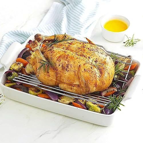 Miniatura 3 de Qinlenyan Estante de asado de pavo en forma de V, estante ajustable para asar pollos de acero inoxidable, plegable, para asar y freír, color plateado