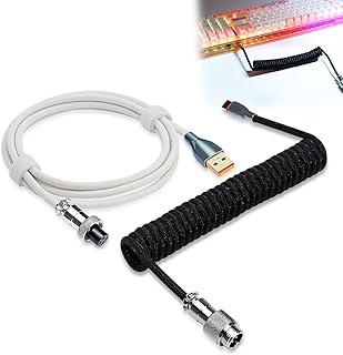 UCINNOVATE Coiled Keyboard Cable, Pro Custom Coiled USB C Cable for Gaming Keyboard, Double-Sleeved Mechanical Keyboard Cable with Detachable Metal Aviator, 1.8M USB-C to USB-A (Black & White)
