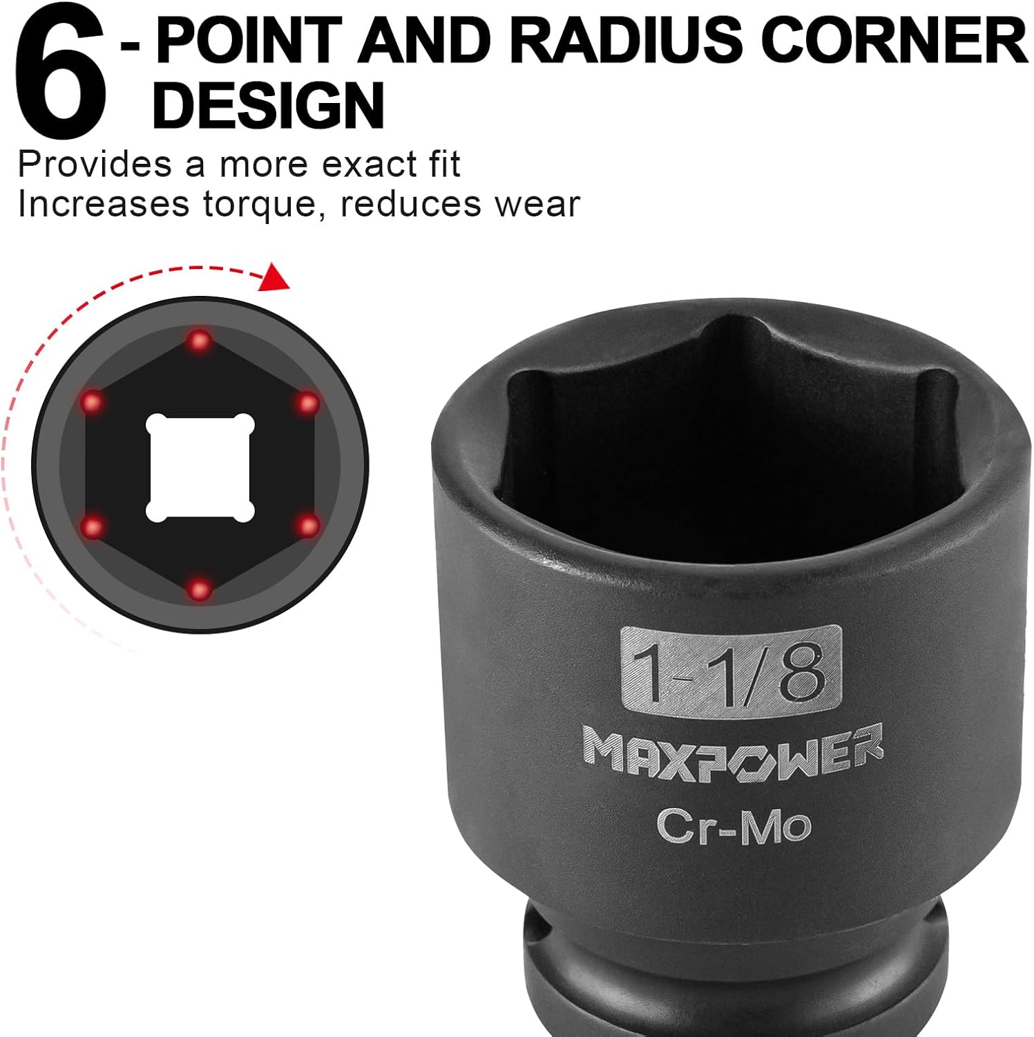 MAXPOWER 1/2 Inch Drive 1-1/8 Inch Standard Impact Socket, Made with Heat-Treated Chrome Molybdenum Steel, 6-Point Design, SAE