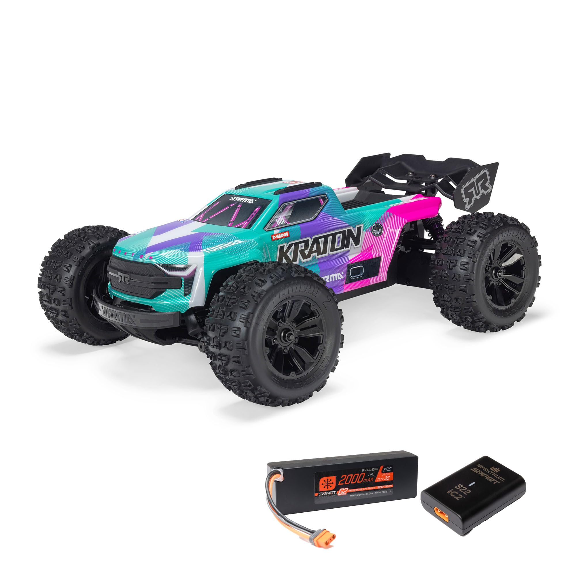 ARRMA Camión de velocidad sin escobillas Mini Kraton 3S DSC 4X4 RTR 1/16 (batería 3S y cargador incluidos), verde azulado/rosa, ARA2508ST2