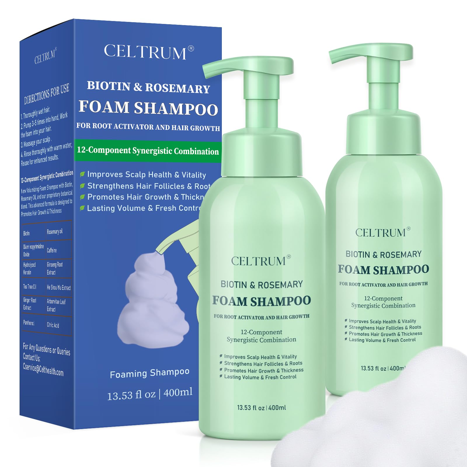 Foam Shampoo with Biotin & Rosemary for Hair Growth, Root Activator for Men and Women, 12-Component Synergistic Blend for Visibly Thicker Hair - 13.53 fl oz (Pack of 2)