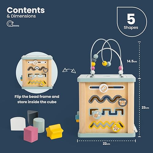 Miniatura 4 de Bigjigs Toys Cubo de actividades de madera – Centro de actividades 100% certificado FSC® con clasificador de formas y laberinto de cuentas, juguetes