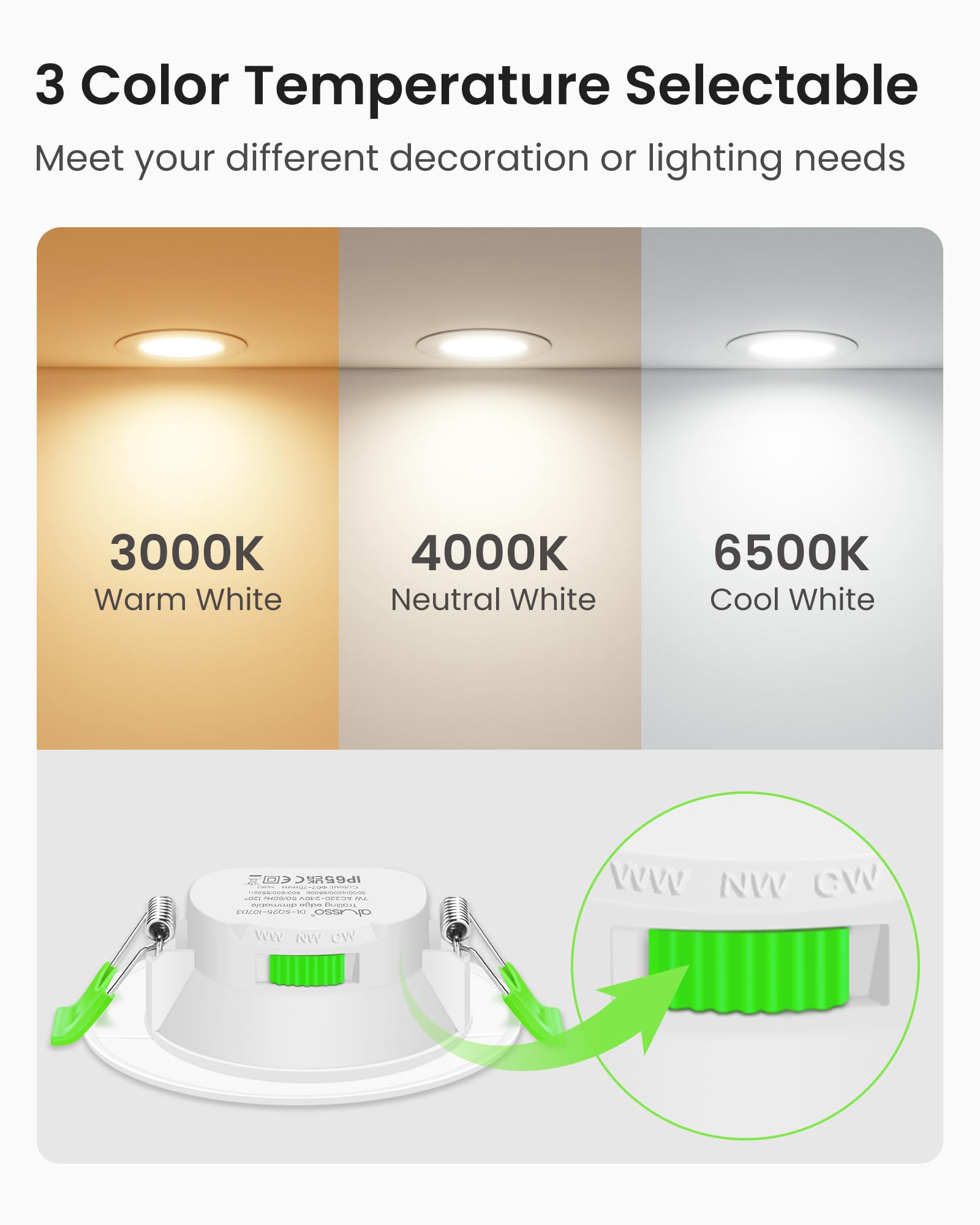 ALUSSO Reflektor sufitowy LED do zabudowy, ściemnialny, 230 V, 7 W, 3000 K, 4000 K, 6500K, wodoodporna, IP65, regulowana, wpuszczana lampa sufitowa do łazienki, salonu, zestaw 12 sztuk, okrągła, biała