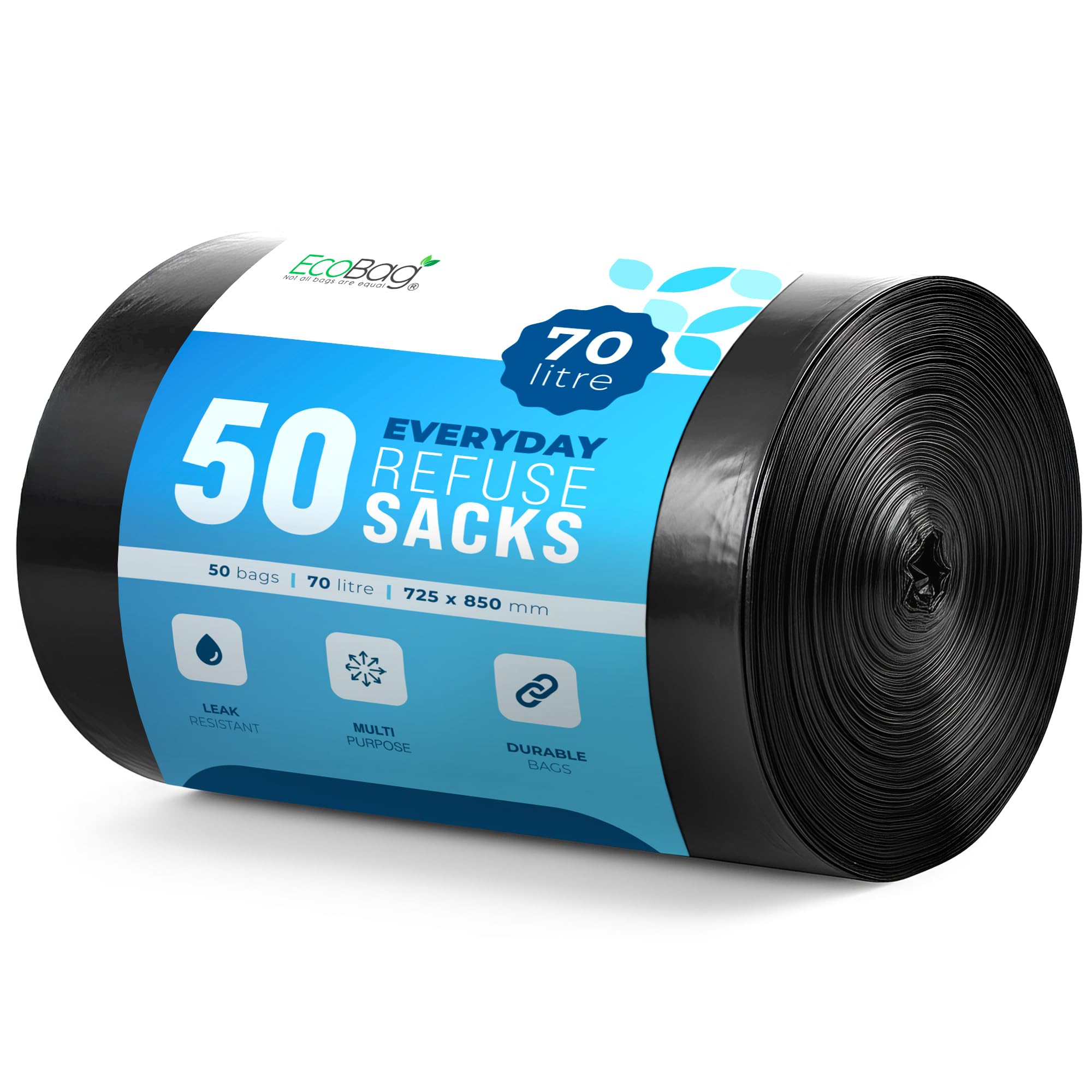 EcoBag - 50 Pack Everyday Refuse Sacks - Recyclable Bin Bags, Leak Resistant, Eco-Friendly, Durable Waste Disposal Bags for Kitchen, Office Waste & Light Rubbish, 30 Micron (Μm) /70l